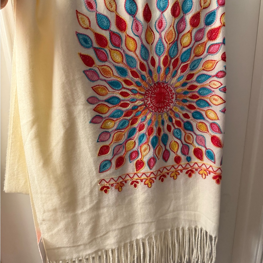 Colorful Embroidered Cream Scarf